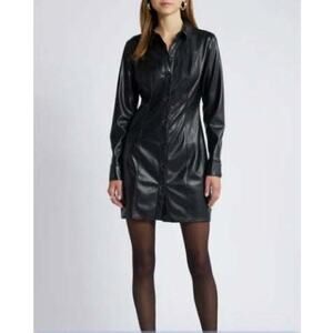 Long Sleeve Faux Leather Mini Shirtdress In Black